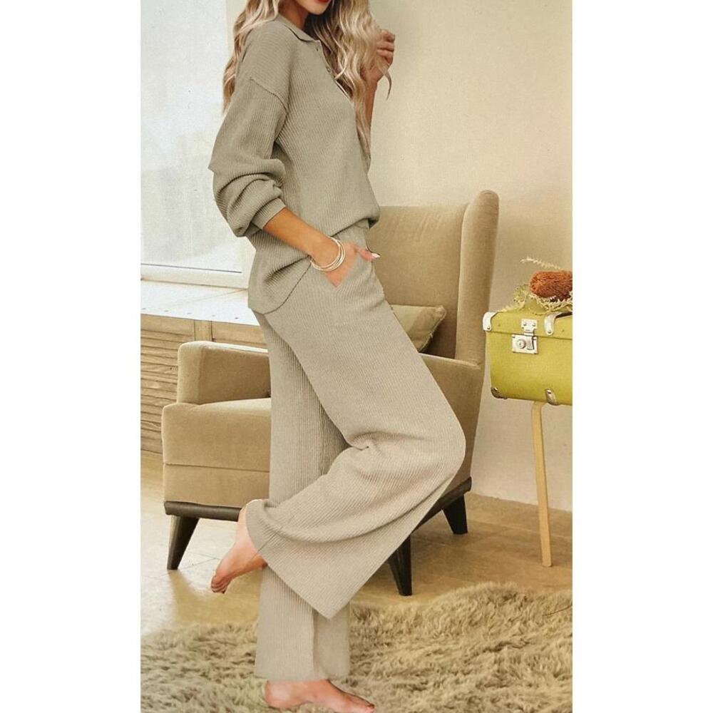 Women's Ribbed Knit Top and Wide Leg Pants Loungewear Set
